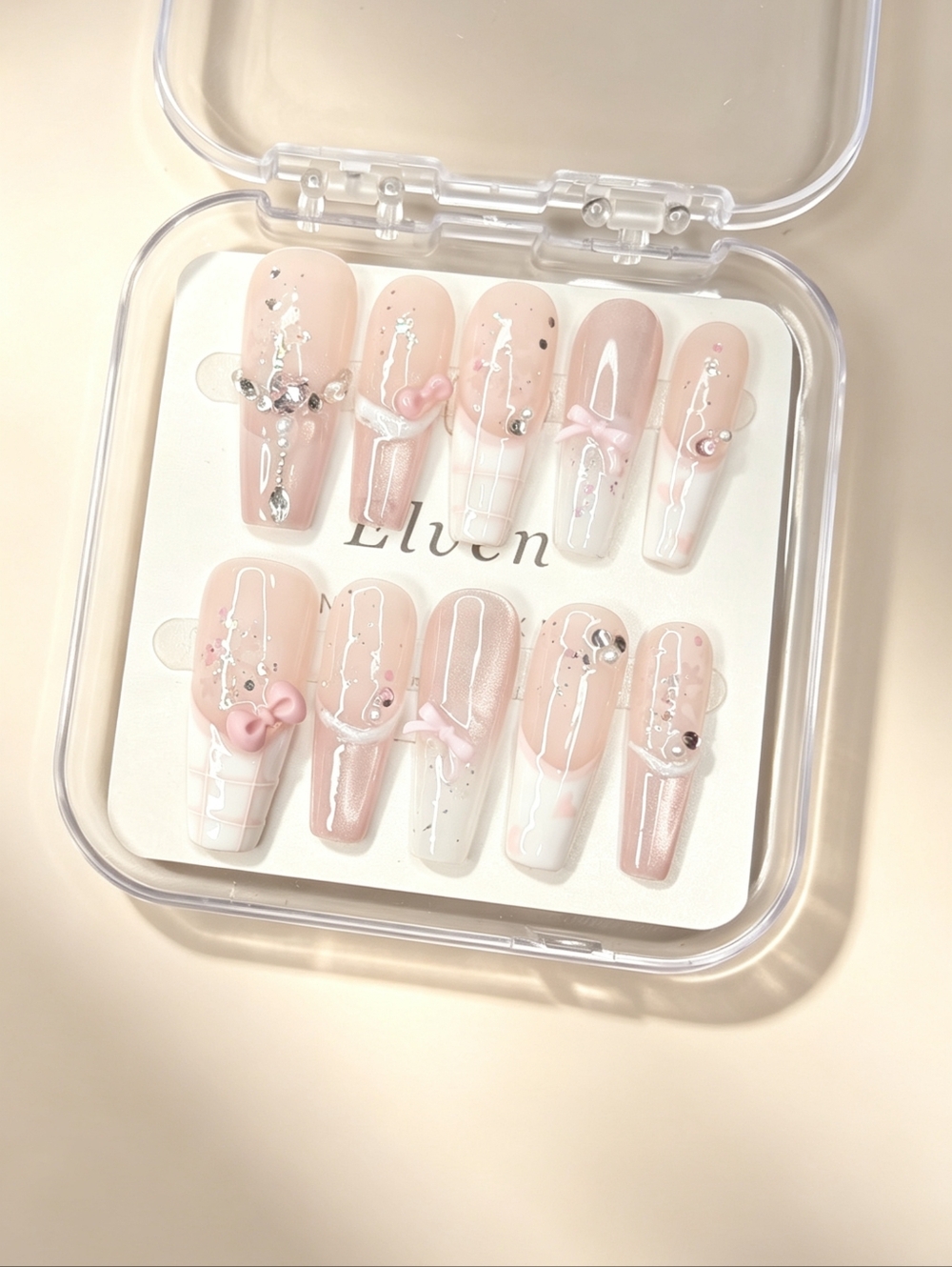 Pink and White Handmade Press On Nails Cute Ribbon Long Coffin